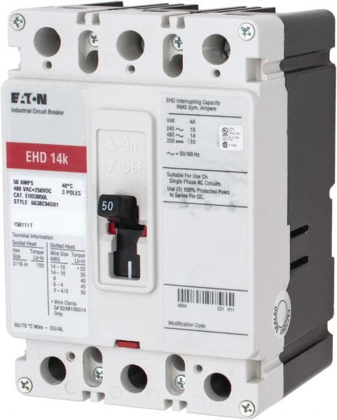 EATON CUTLER-HAMMER 50 Amp, 250 VDC, 480 VAC, 3 Pole, Molded Case Circuit Breaker