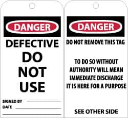 NMC 25 Qty 1 Pack 3 High x 6 Long, DANGER DEFECTIVE DO NOT USE, English Safety & Facility Accident Prevention Tag