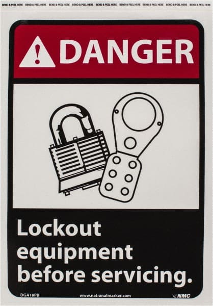 NMC Danger Lock Out Equipment Before Servicing, 14 Long x 10 Wide, PressureSensitive Vinyl Safety Sign
