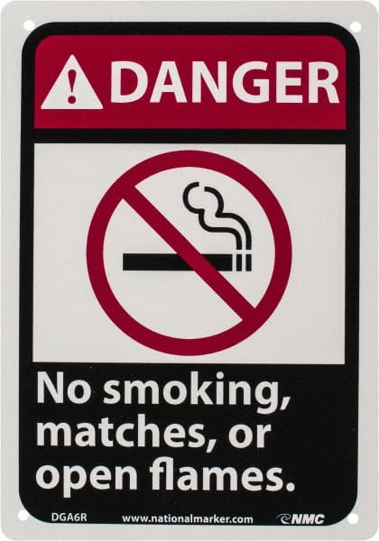 NMC Danger No Smoking, Matches or Open Flames, 10 Long x 7 Wide, Rigid Plastic Safety Sign