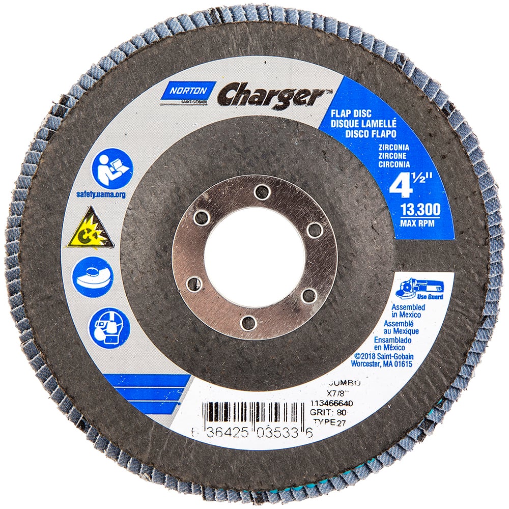 NORTON 41/2 80 Grit 7/8 Center Hole Type 27 Zirconia Alumina Flap Disc