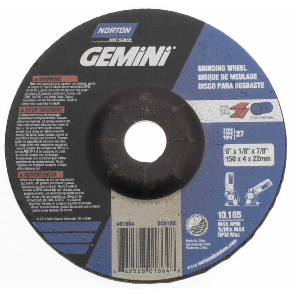NORTON 24 Grit, 6 Wheel Diam, 1/8 Wheel Thickness, 7/8 Arbor Hole, Type 27 Depressed Center Wheel