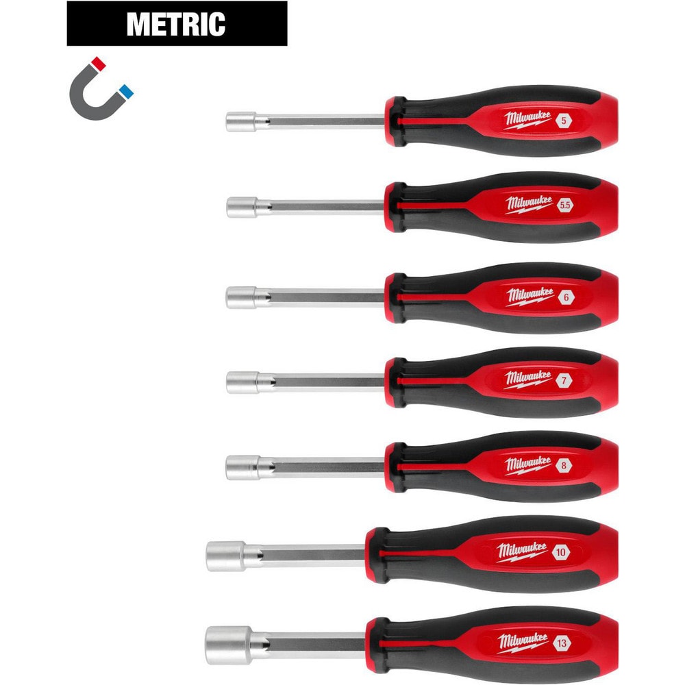 MILWAUKEE TOOL Nutdriver Sets; Drive Size: 5 mm; 5.5 mm; 6 mm; 7 mm; 8 mm; 10 mm; 13 mm ; Handle Type: TriLobe ; Shaft Type: Hollow ; Container Type: None ; Shaft Length (Inch): 4 ; Overall Length (Decimal Inch): 10.4300