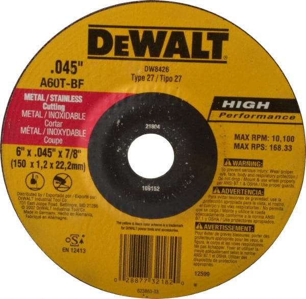 DEWALT 60 Grit, 6 Wheel Diam, 7/8 Arbor Hole, Type 27 Depressed Center Wheel