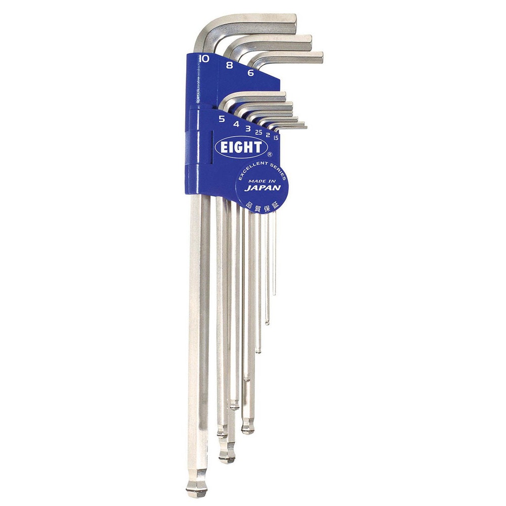 EIGHT TOOL Hex Key Sets; Ball End: Yes ; Handle Type: LHandle ; Measurement Type: Metric ; Hex Size: 1.5 mm, 2 mm, 2.5 mm, 3 mm, 4 mm, 5 mm, 6 mm, 8 mm, 10 mm ; Material: Steel ; Overall Length (mm): 235.0000