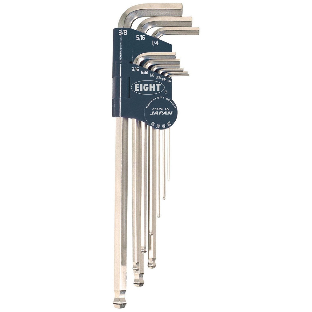 EIGHT TOOL Hex Key Sets; Ball End: Yes ; Handle Type: LHandle ; Measurement Type: Inch ; Hex Size: 1/16 in, 5/64 in, 3/32 in, 1/8 in, 5/32 in, 3/16 in, 1/4 in, 5/16 in, 3/8 in ; Material: Steel ; Overall Length (mm): 233.0000