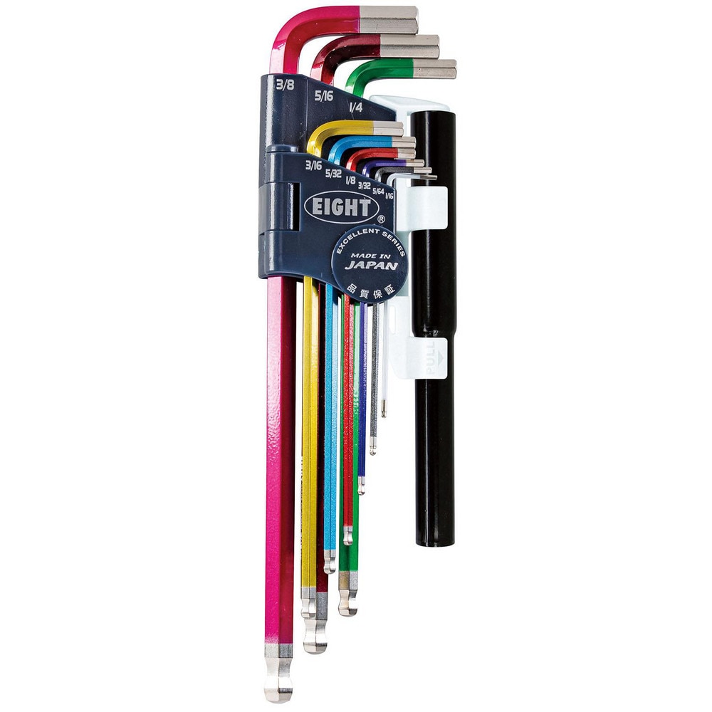 EIGHT TOOL Hex Key Sets; Ball End: Yes ; Handle Type: Color Coded; LHandle ; Measurement Type: Inch ; Hex Size: 1/16 in, 5/64 in, 3/32 in, 1/8 in, 5/32 in, 3/16 in, 1/4 in, 5/16 in, 3/8 in ; Material: Steel ; Overall Length (mm): 235.0000
