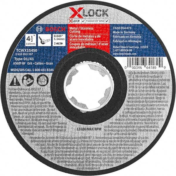 BOSCH Cutoff Wheels; Tool Compatibility: GWX1045DE, GWX1045E, GWX1045PE, GWX1350, GWX1350VSP,GWX18V50PCN ; Wheel Diameter (Inch): 41/2 ; Hole Size (Decimal Inch): 0.8750 ; Hole Thread Size: 7/811 ; Wheel Thickness (Decimal Inch): 0.0450