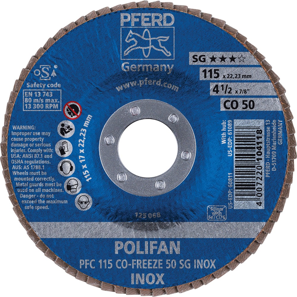 PFERD Flap Discs; Abrasive Type: Coated ; Flap Disc Type: Type 29 ; Disc Diameter (Inch): 41/2 ; Abrasive Material: Ceramic Oxide ; Grit: 50 ; Attaching System: Arbor