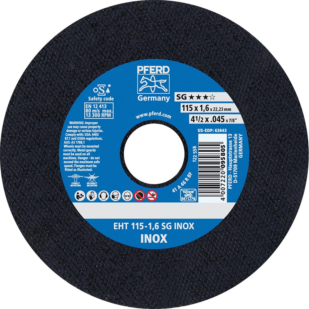 PFERD Cutoff Wheels; Tool Compatibility: Angle Grinder ; Wheel Diameter (Inch): 41/2 ; Wheel Thickness (Inch): 0.0450 ; Abrasive Material: Aluminum Oxide ; Maximum RPM: 13300.000 ; Grit: 46