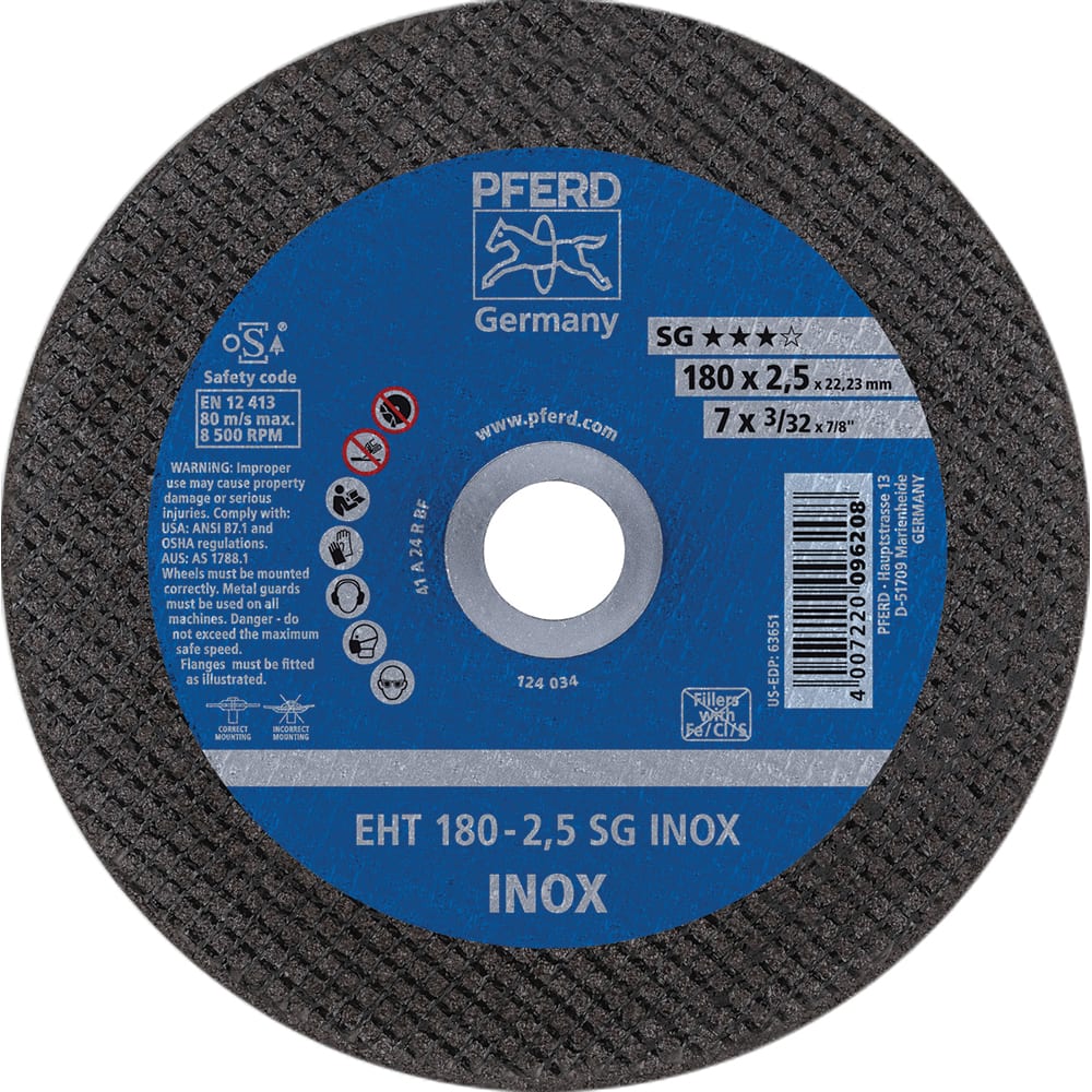 PFERD Cutoff Wheels; Tool Compatibility: Angle Grinder ; Wheel Diameter (Inch): 7 ; Wheel Thickness (Inch): 3/32 ; Abrasive Material: Aluminum Oxide ; Maximum RPM: 8500.000 ; Grit: 46