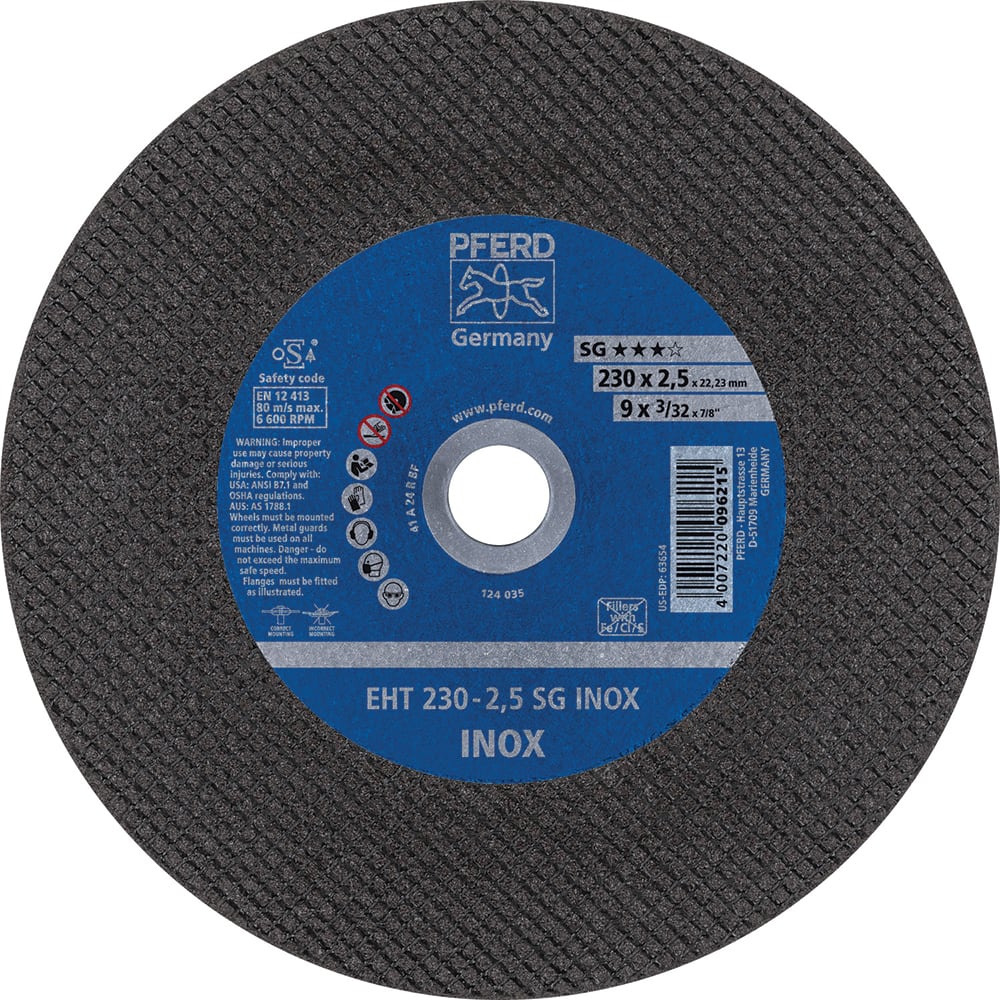 PFERD Cutoff Wheels; Tool Compatibility: Angle Grinder ; Wheel Diameter (Inch): 9 ; Wheel Thickness (Inch): 3/32 ; Abrasive Material: Aluminum Oxide ; Maximum RPM: 6600.000 ; Grit: 46