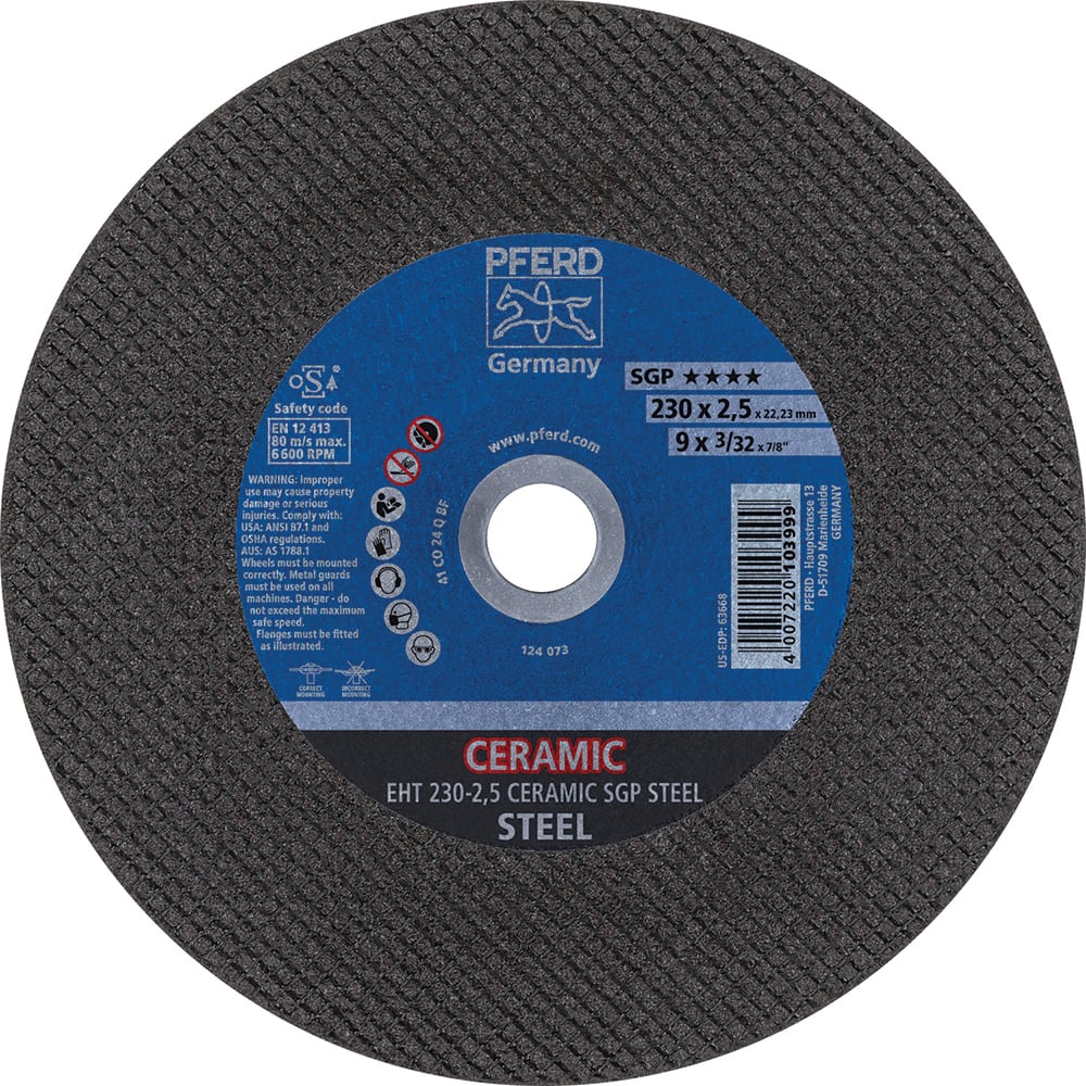 PFERD Cutoff Wheels; Tool Compatibility: Angle Grinder ; Wheel Diameter (Inch): 9 ; Wheel Thickness (Inch): 3/32 ; Abrasive Material: Ceramic Oxide ; Maximum RPM: 6600.000 ; Grit: 46