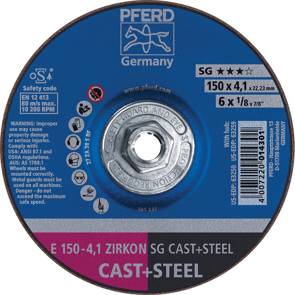 PFERD DepressedCenter Wheels; Hole Thread Size: 5/811 ; Connector Type: Arbor ; Wheel Type Number: Type 27 ; Abrasive Material: AluminumOxide; Zirconia Alumina ; Maximum RPM: 10200.000 ; Grit: 30