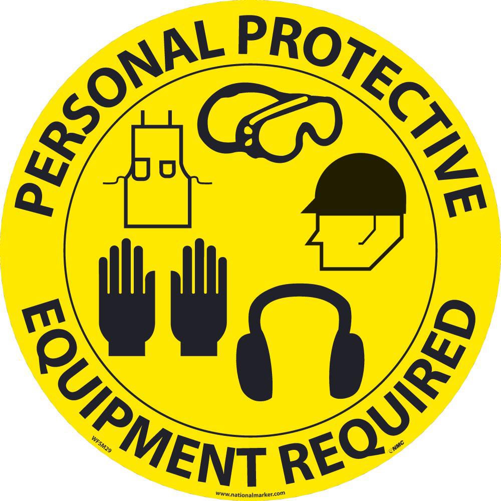 NMC Adhesive Backed Floor Signs; Message Type: Accident Prevention ; Graphic Type: Ear Protection, Gloves, Goggles, Hard Hat, Safety Glasses ; Message or Graphic: Message & Graphic ; Legend: Personal Protective Equipment Required ; Color: Yellow; Black