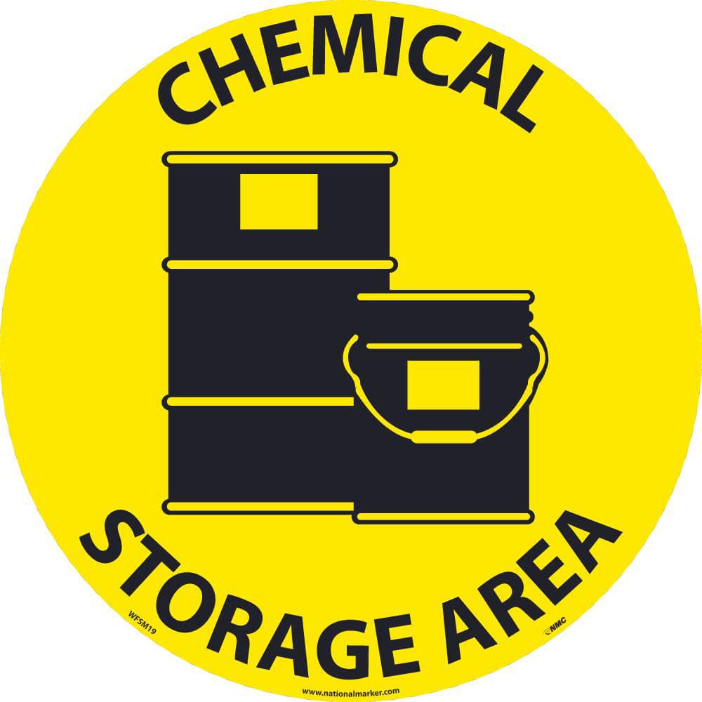NMC Adhesive Backed Floor Signs; Message Type: Hazardous Materials ; Graphic Type: Storage Drums ; Message or Graphic: Message & Graphic ; Legend: Chemical Storage Area ; Color: Black; Yellow ; Special Color Properties: No Special Properties