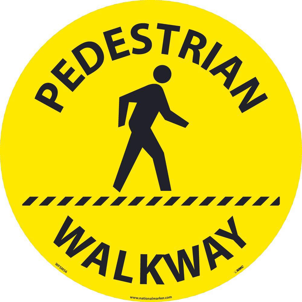 NMC Adhesive Backed Floor Signs; Message Type: Restroom, Janitorial & Housekeeping ; Graphic Type: Pedestrian Crossing ; Message or Graphic: Message & Graphic ; Legend: Pedestrian Walkway ; Color: Black; Yellow