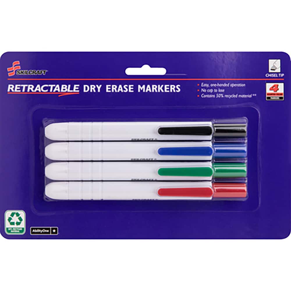 AbilityOne Skilcraft 7520015195769, SKILCRAFT Retractable Chisel Tip Dry Erase Marker, Broad Chisel Tip, Assorted Colors, 4/Set